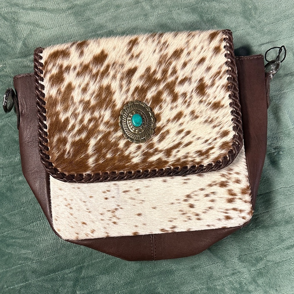 Genuine cowhide leather Brown and Cream Leather CC Crossbody Bag